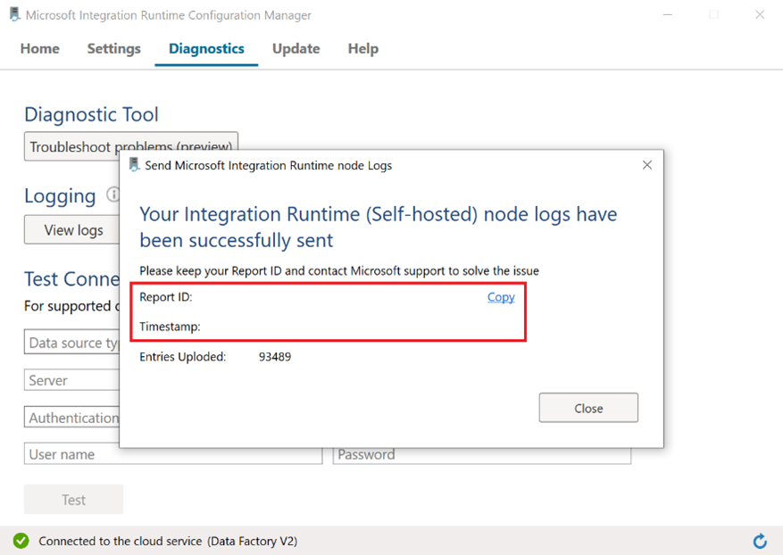 Screenshot of the self-hosted integration runtime's diagnostic log confirmation, with Report ID and Timestamp highlighted.