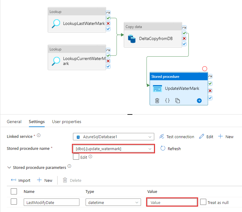 Screenshot showing where to set the stored procedure activity.