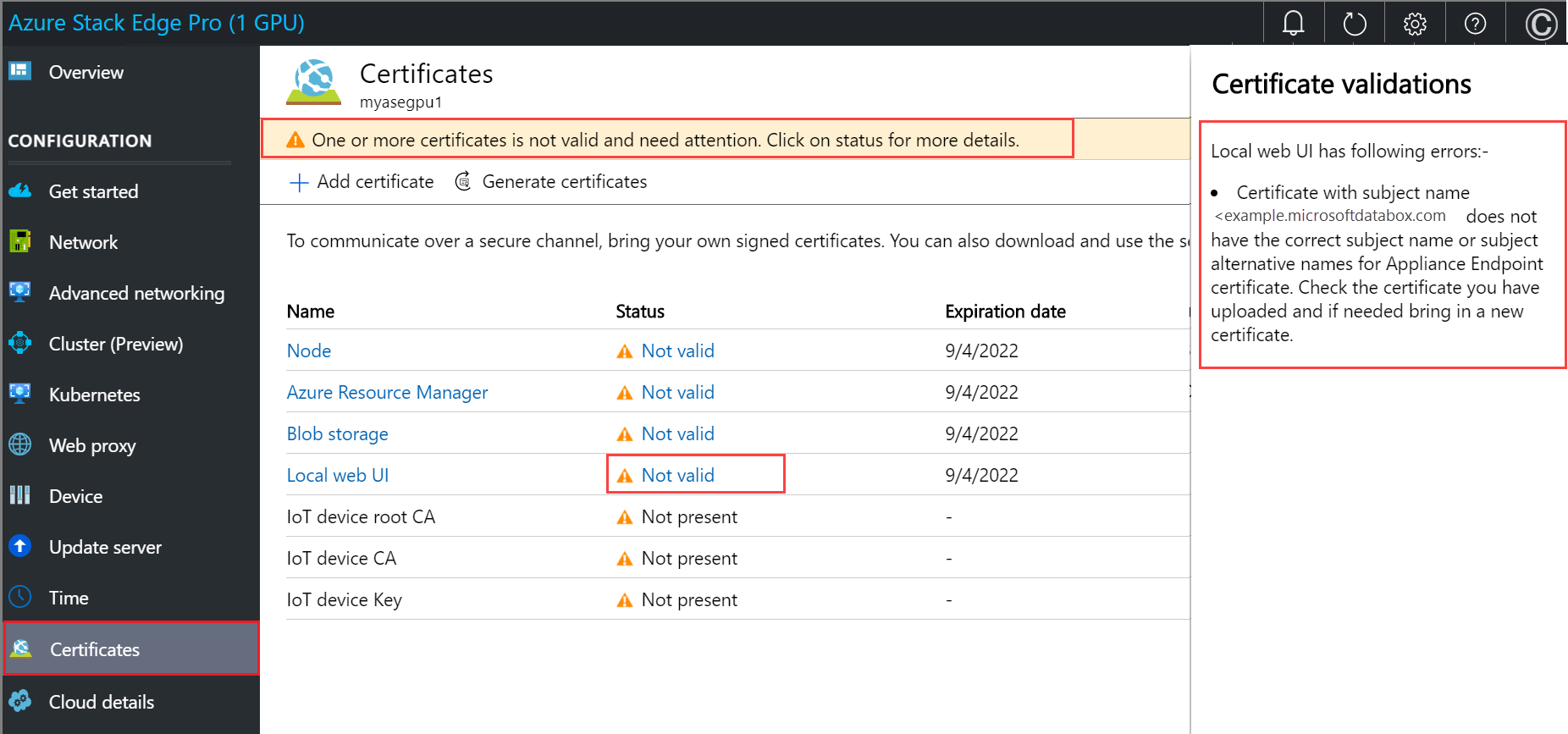 Screenshot of Certificate Details for a certificate on the Certificates page of an Azure Stack Edge device. The selected certificate and certificate details are highlighted.