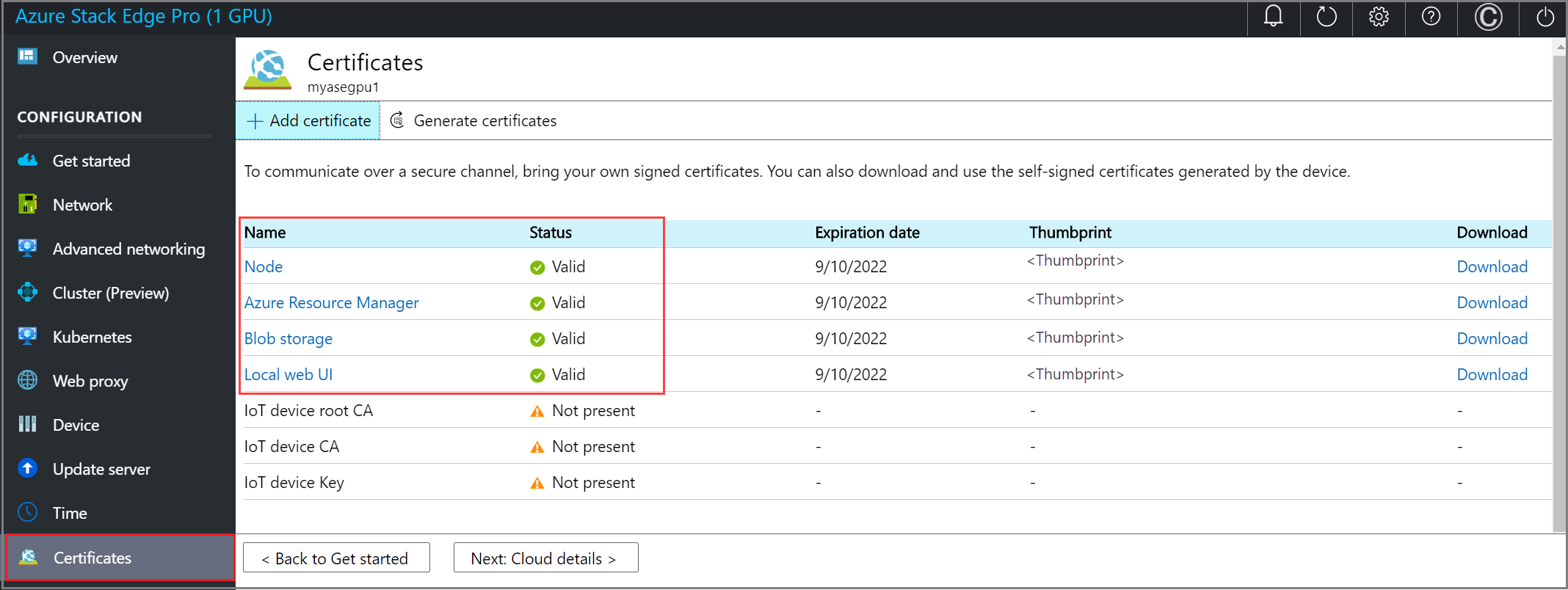 Screenshot of newly generated certificates on the Certificates page of an Azure Stack Edge device. Certificates with Valid state are highlighted.