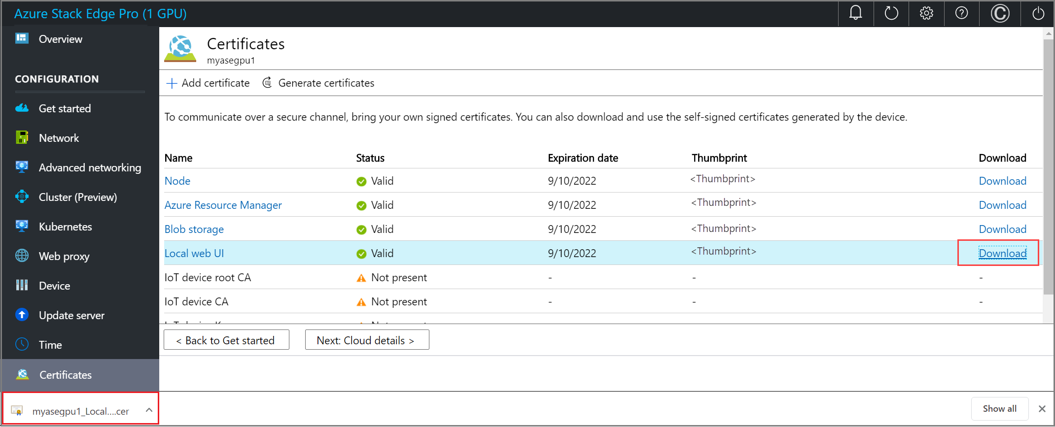 Screenshot of the Certificates page on an Azure Stack Edge device. A download link has been selected. The link and the download options are highlighted.