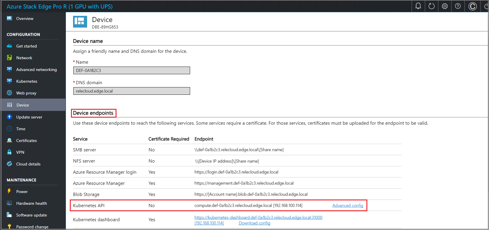 Screenshot that shows the Device page in local U I 1.