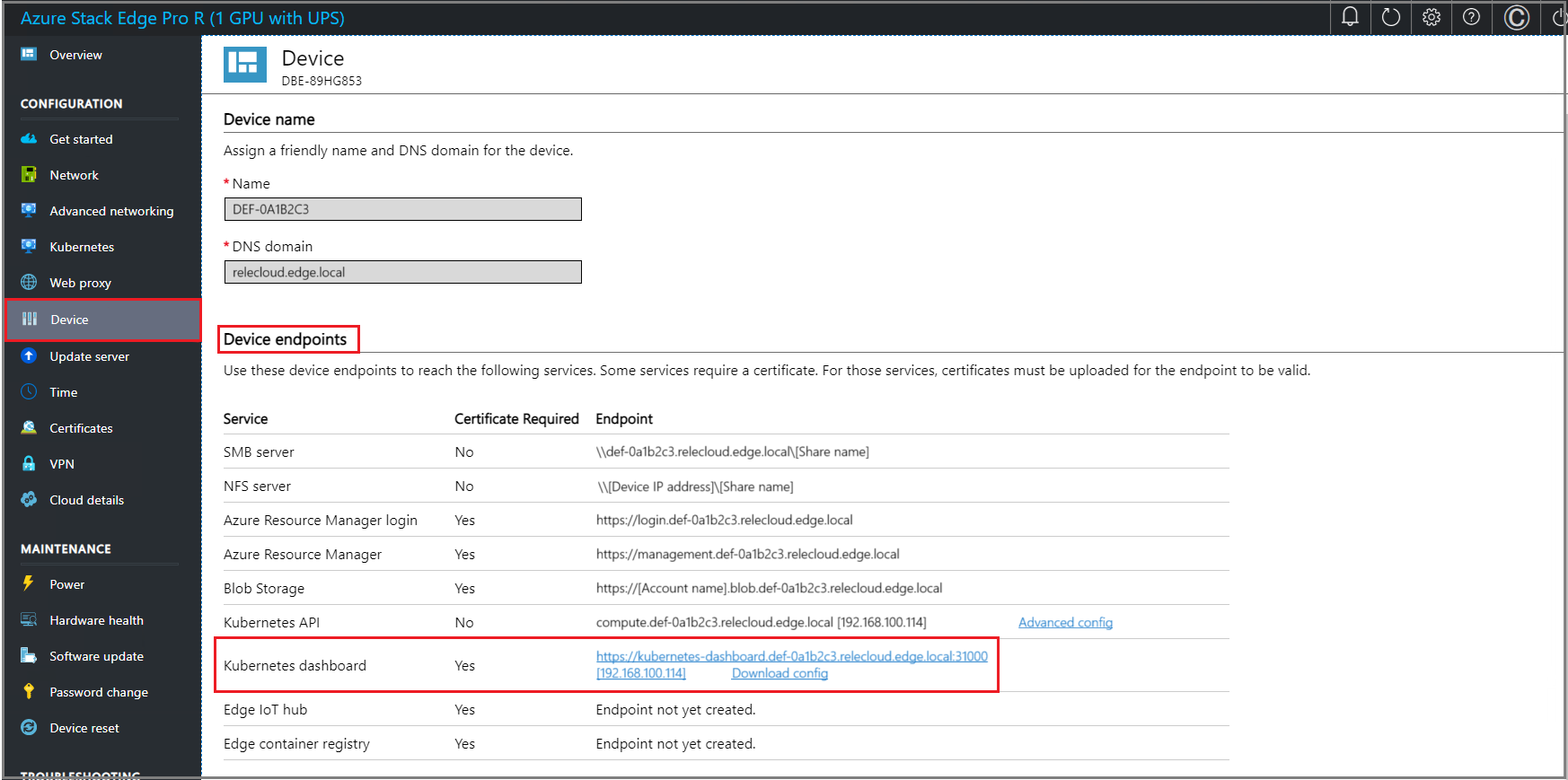 Screenshot that shows the Device page in local U I 3.