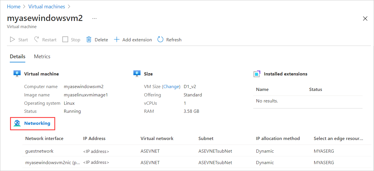 Screenshot showing the Details tab for a virtual machine. The Networking label, which opens the Networking blade for the VM, is highlighted.