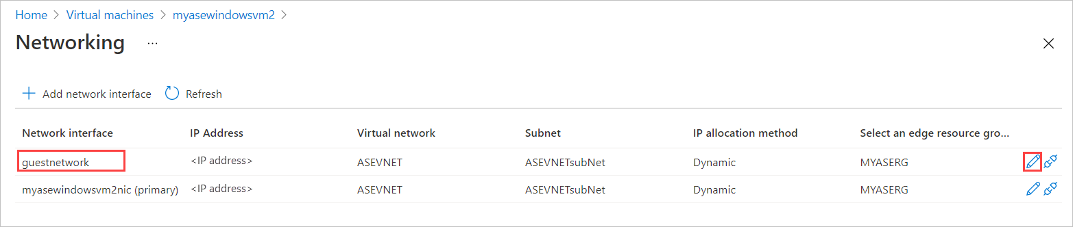 Screenshot showing the Networking blade for a virtual machine. The name of a network interface, and the pencil icon for the entry, are highlighted.