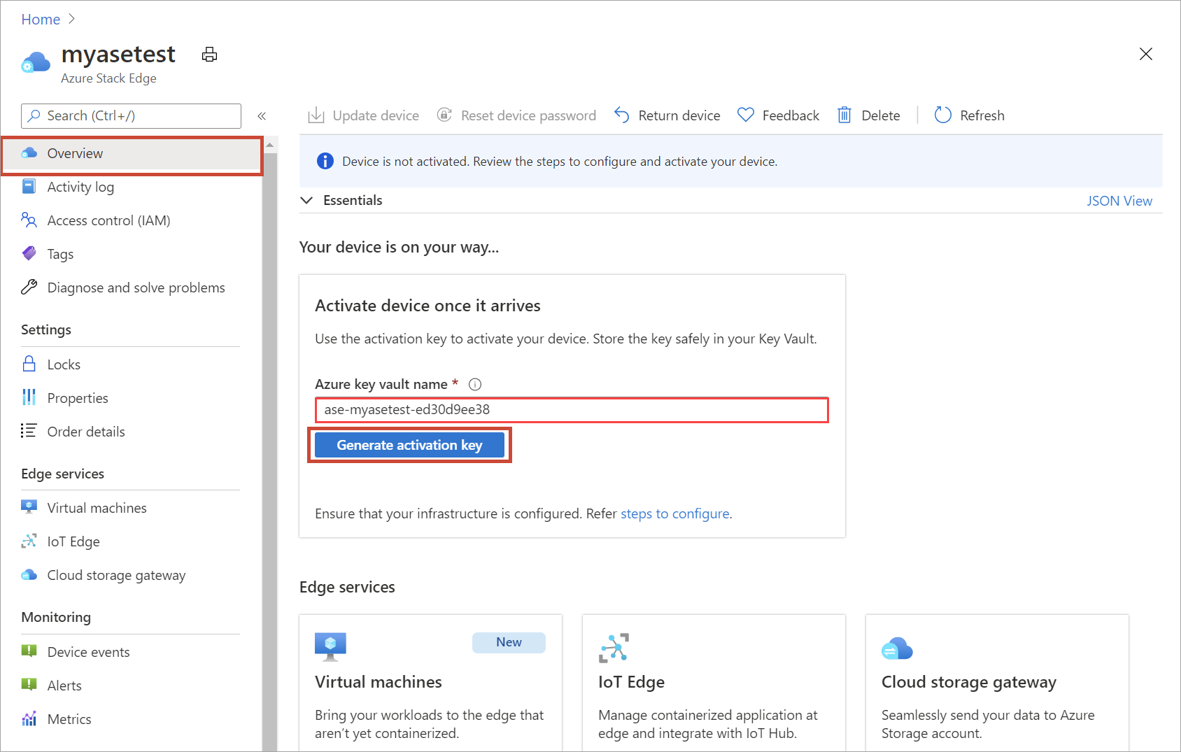 Screenshot of the Overview pane for a newly created Azure Stack Edge resource. The Generate Activation Key button is highlighted.