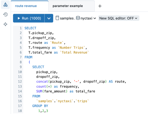 Screenshot showing the SQL editor with the new query editor turned off