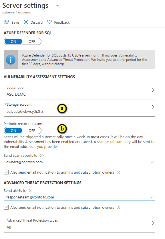 Screenshot of configuring the SQL vulnerability assessment scans.