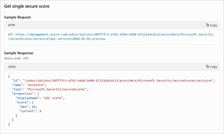 Retrieving a single secure score via the API.