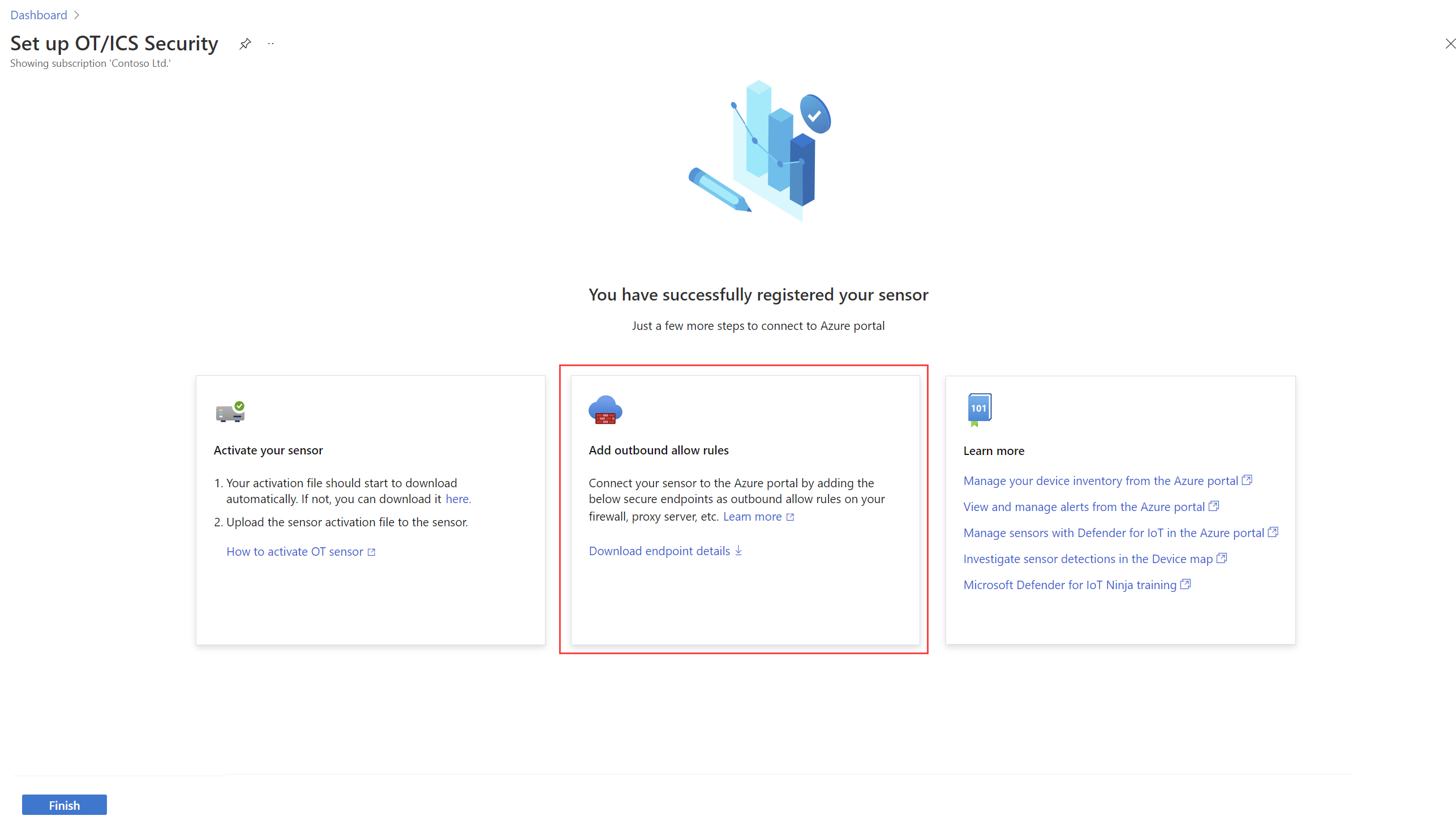 Screenshot of a successful OT sensor registration page with the download endpoints link.