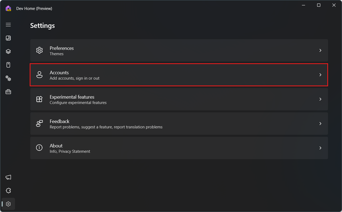Screenshot of Dev Home, showing the Settings page with Accounts highlighted.