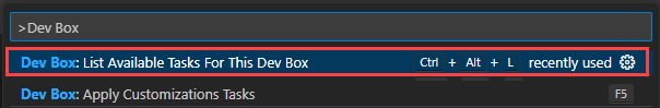 Screenshot of the Dev Box command palette in Visual Studio Code, showing the command for listing available tasks.