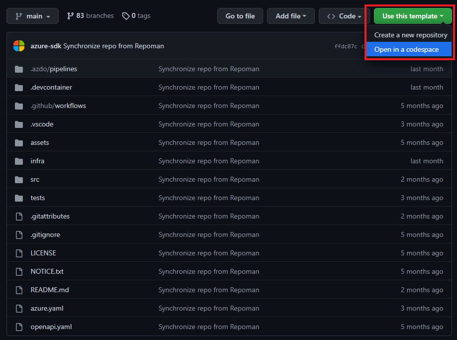 Screenshot demonstrating selecting the option to open a template in a Codespace via the GitHub repo UI.