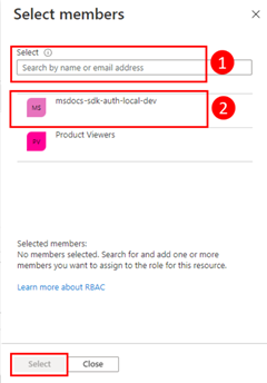 A screenshot showing how to filter for and select the Microsoft Entra group for the application in the Select members dialog box.