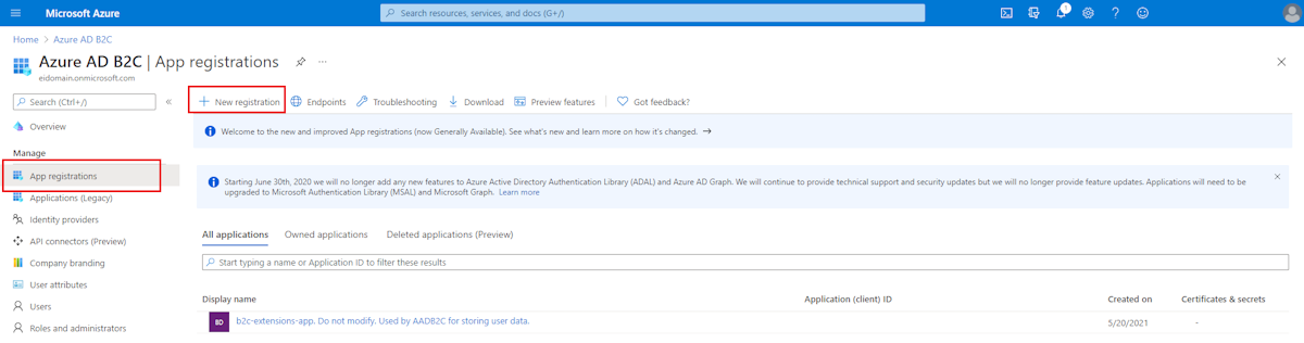 Screenshot of the Azure portal showing the Azure AD B2C App registrations screen.