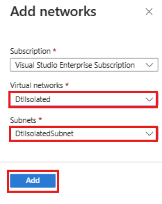 Screenshot that shows the add network pane with virtual networks, subnets, and Add highlighted.