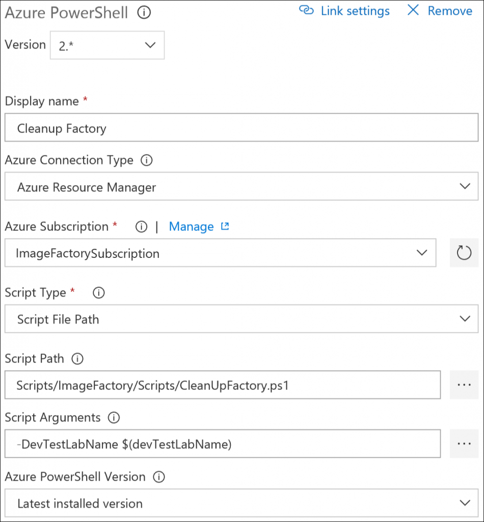 Screenshot that shows the Clean up old images PowerShell task.