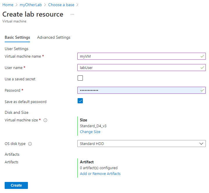 Screenshot of the Basic Settings tab of the Create lab resource page.