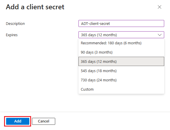 Screenshot of the Azure portal while adding a client secret.