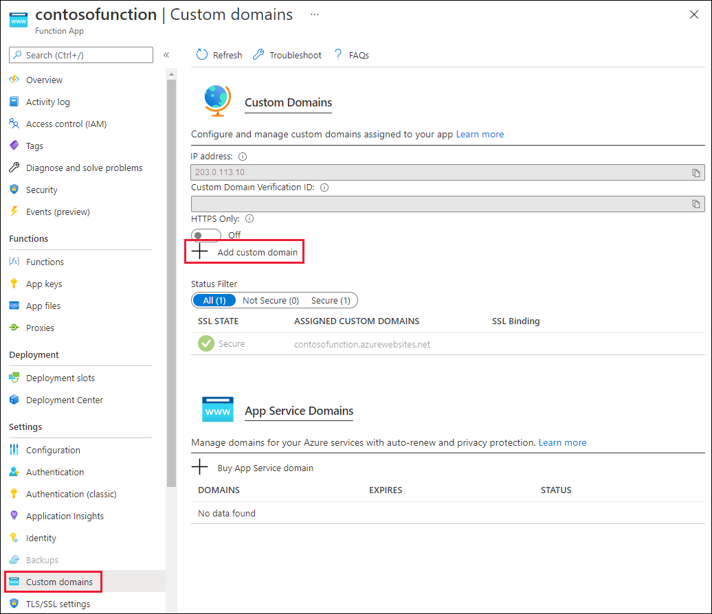 Screenshot of add custom domain button for function app.
