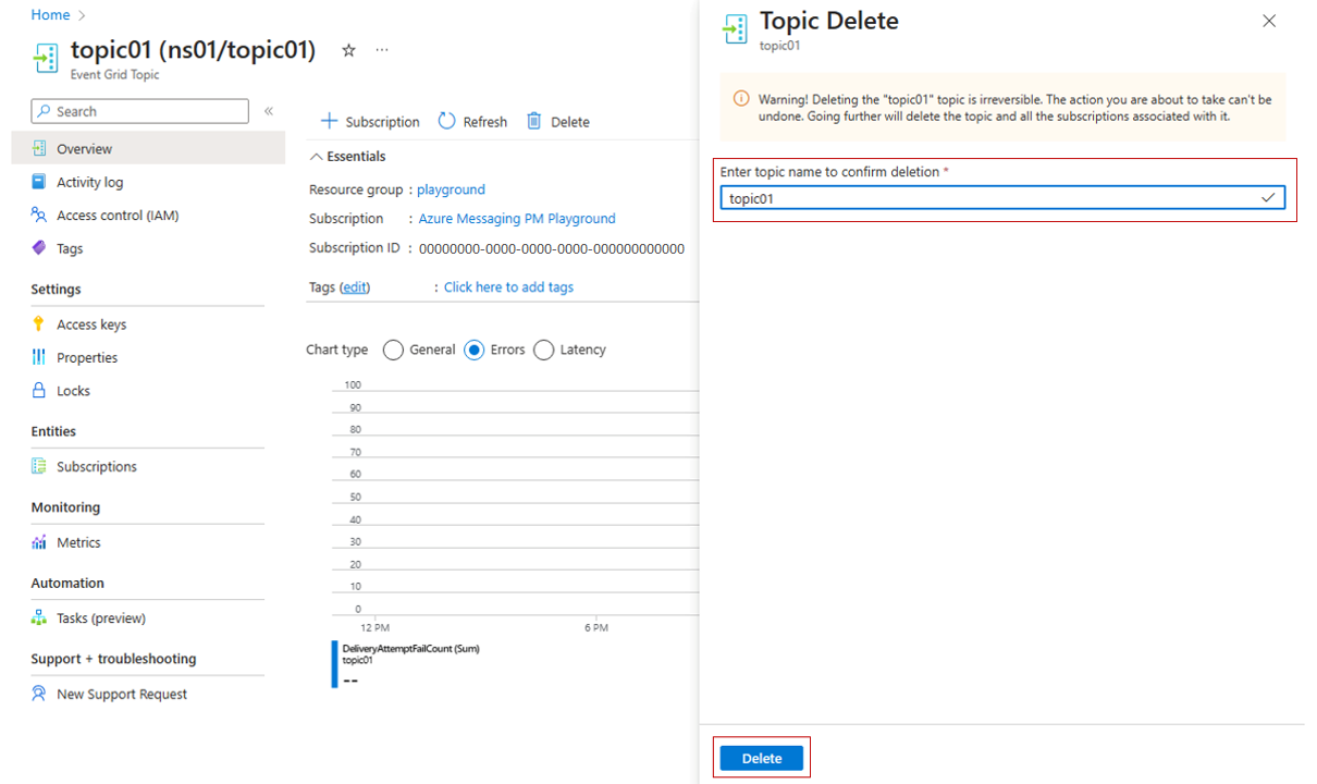 Screenshot showing how to confirm an Event Grid namespace topic deletion.