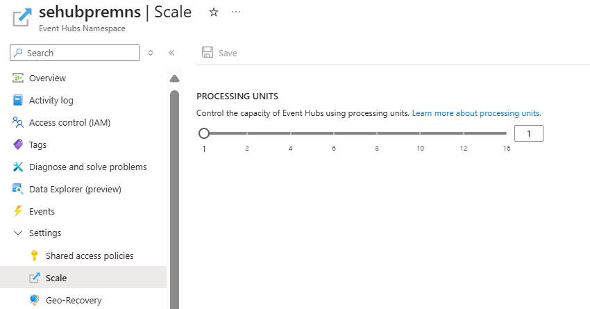 Screenshot of the Scale page of an existing premium namespace with processing units are configured.