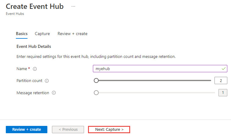 Screenshot of the Create event hub page.