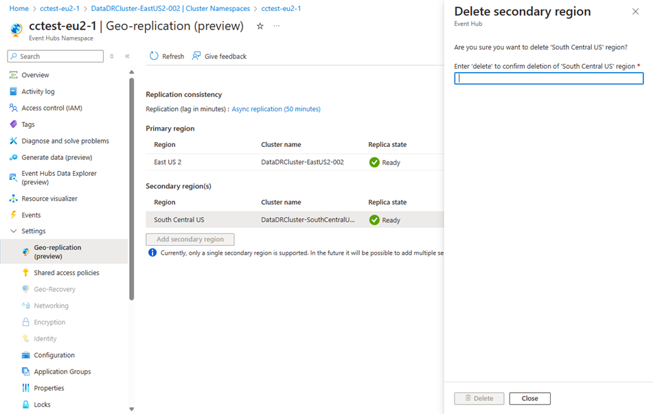 Screenshot of the Remove secondary function in the geo-replication UI.