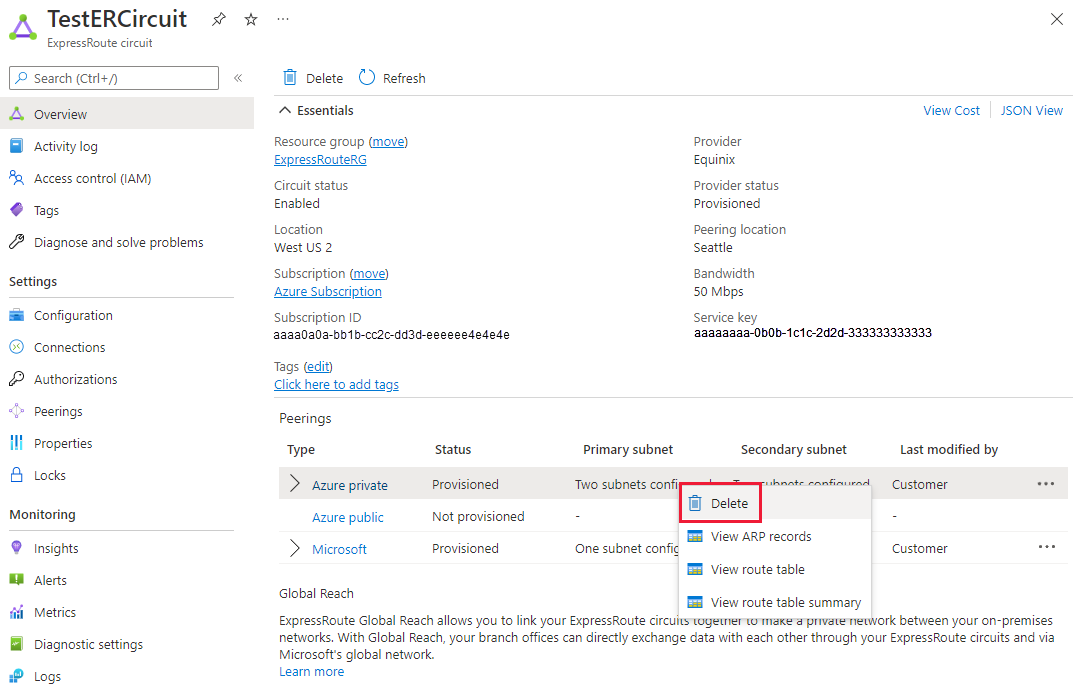 Screenshot showing how to delete private peering.