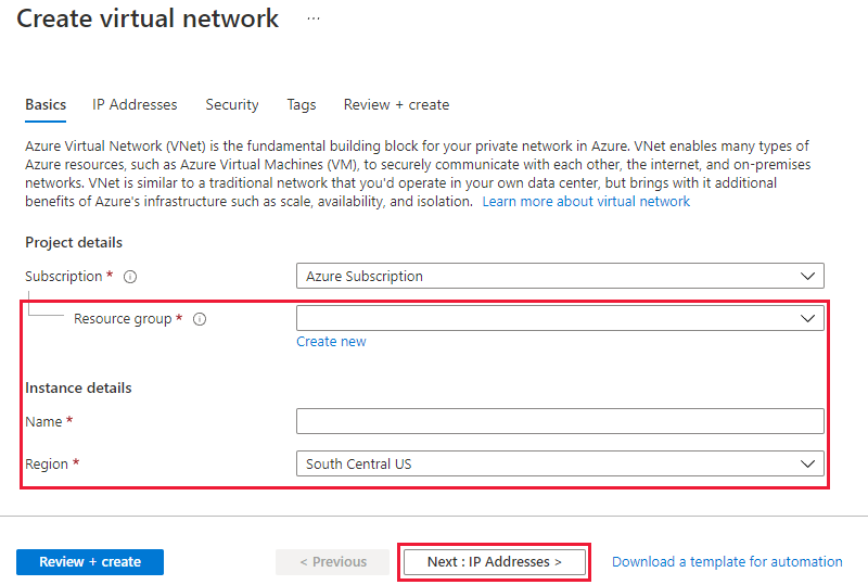 Screenshot of basics tab for creating a virtual network.