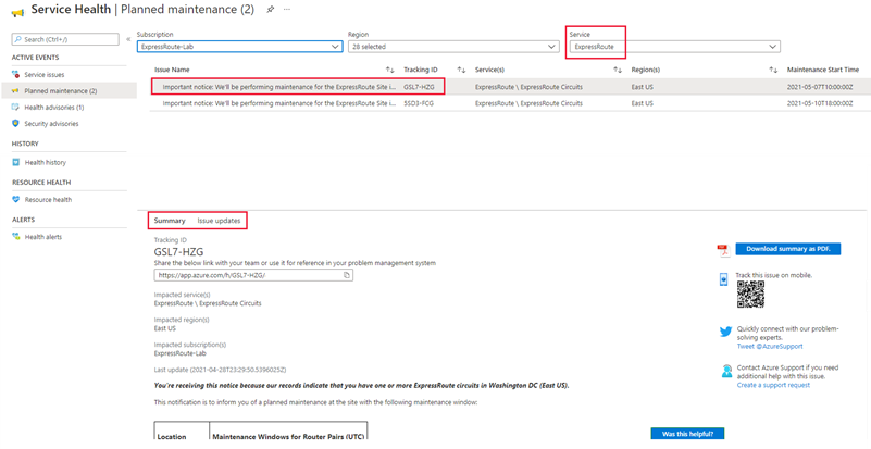 Screenshot of ExpressRoute maintenance summary.