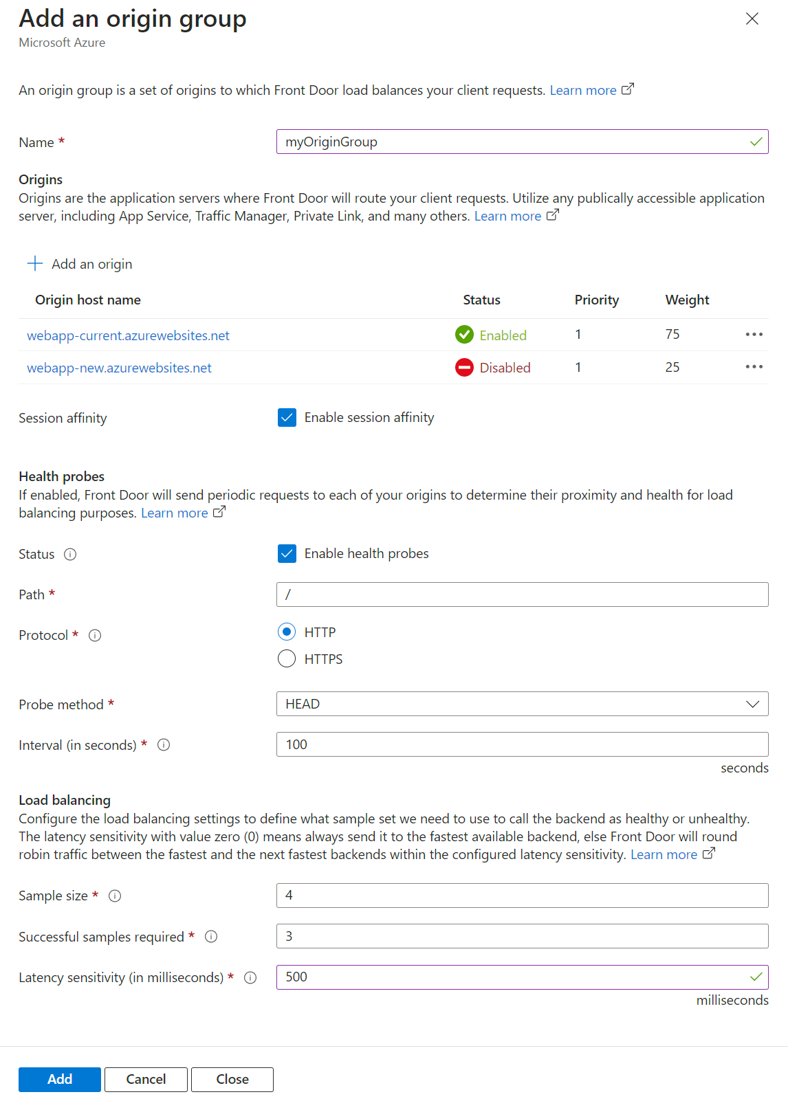 Screenshot of configuring the origin group settings.