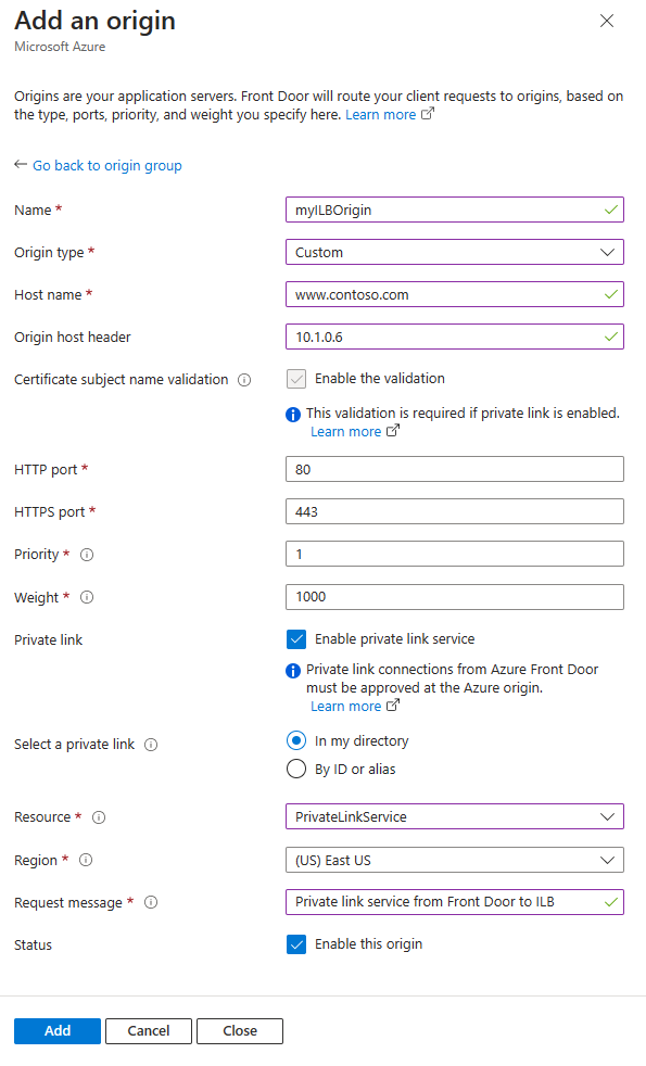 Screenshot of enabling private link to an internal load balancer using an IP address.