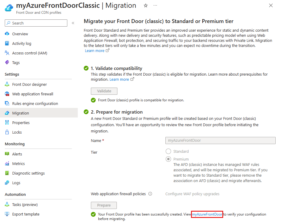 Screenshot of the link to view the new read-only Azure Front Door profile.