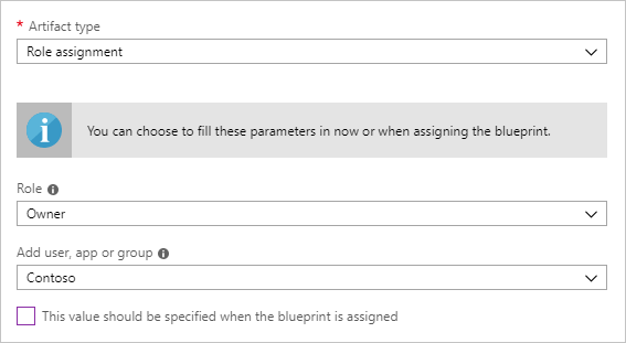 Screenshot of the second role assignment artifact options for adding to a blueprint definition.