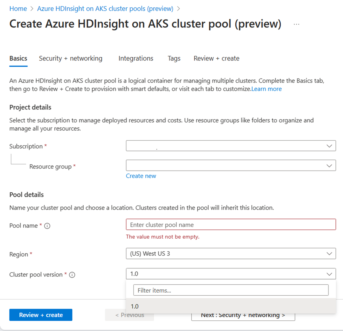 Screenshot showing cluster pool basic-tab.