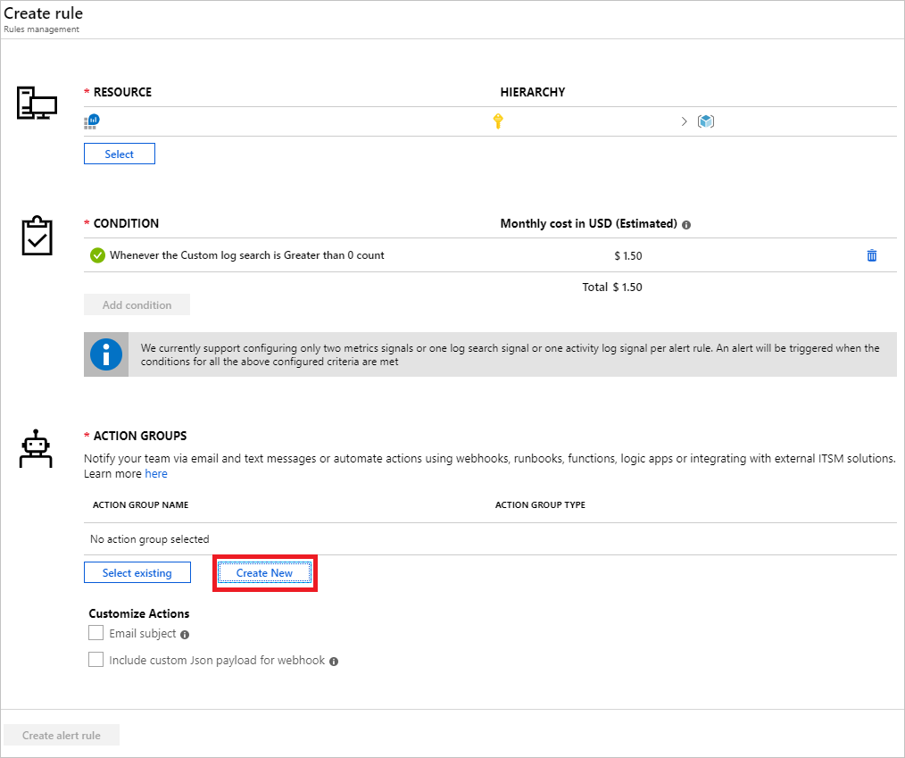 Alert rule creates new action group.
