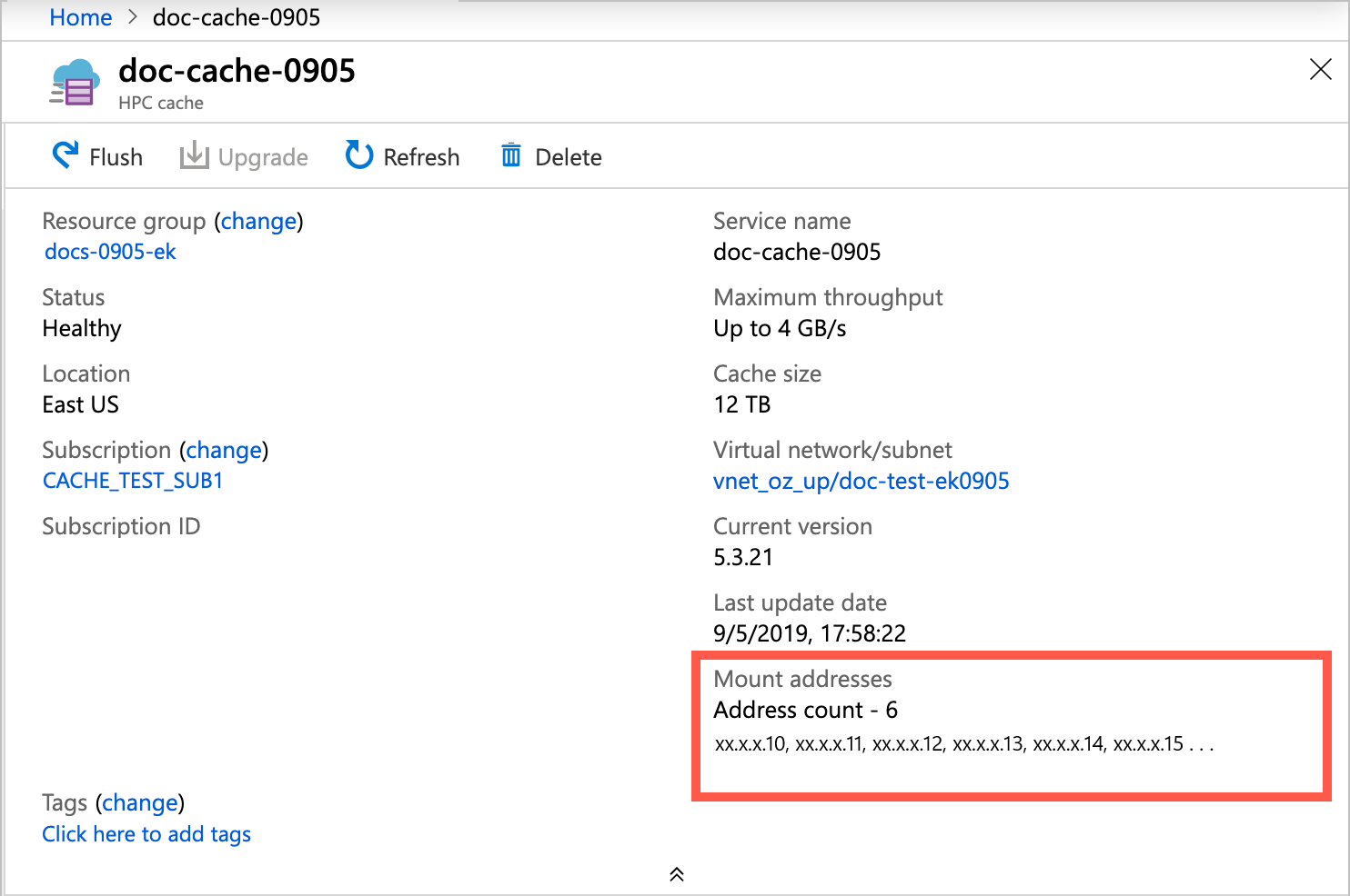 screenshot of Azure HPC Cache instance's Overview page, with a highlight box around the mount addresses list on the lower right