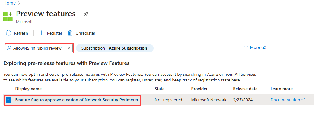 Screenshot of addition of network security perimeter feature flag to Azure subscription.