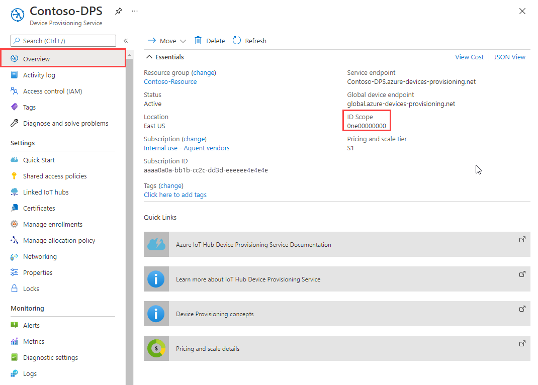 Screenshot showing the overview of the Device Provisioning Service instance, highlighting the ID Scope value for the instance.