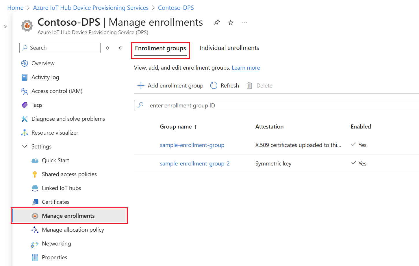 Screenshot that shows the newly created enrollment group in the portal.