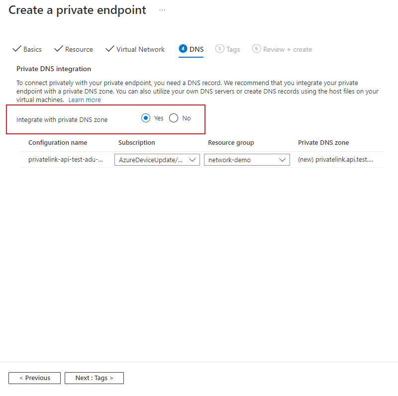 Screenshot showing the DNS page of the Creating a private endpoint wizard.