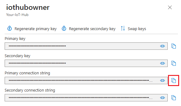 Copy the iothubowner primary connection string.