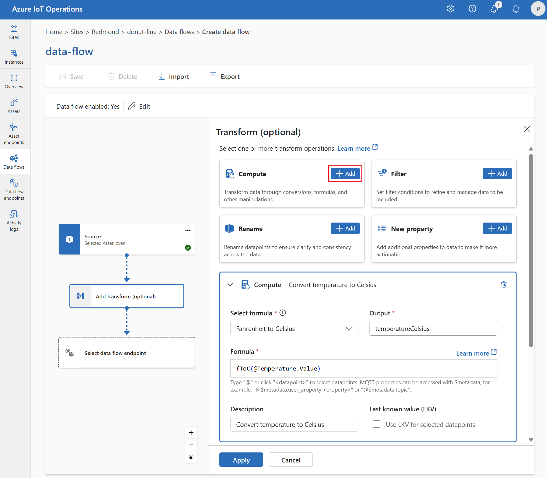 Screenshot using operations experience to add a compute transform.