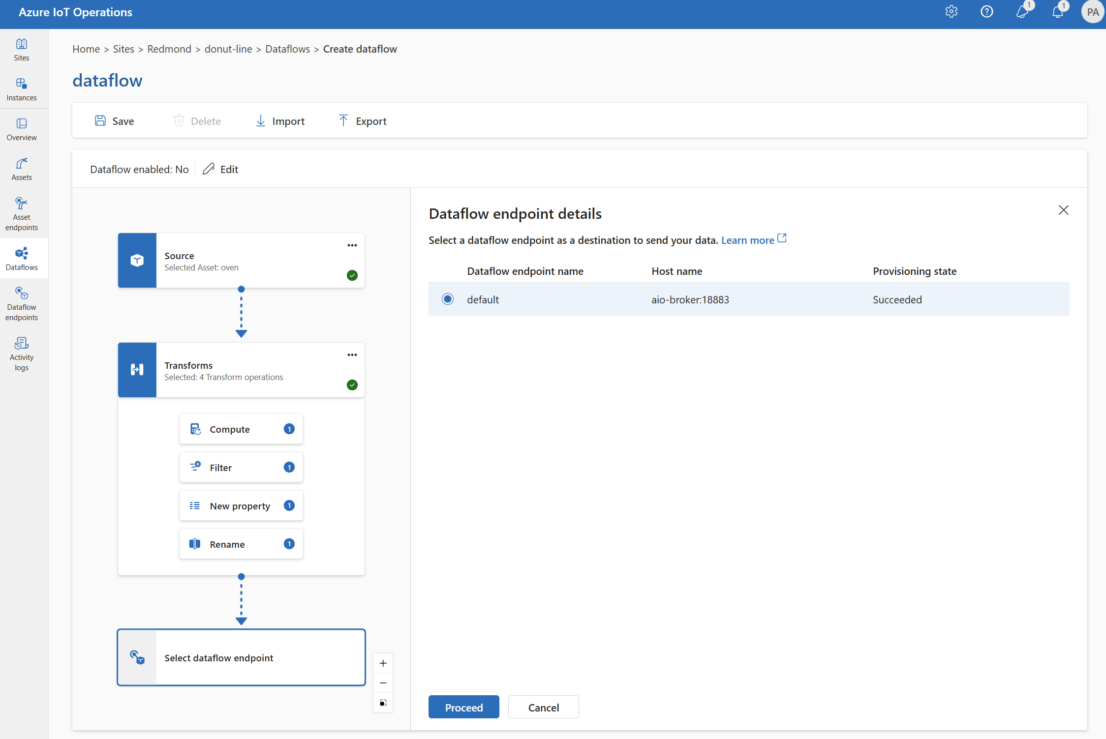 Screenshot using operations experience to select Event Hubs destination endpoint.