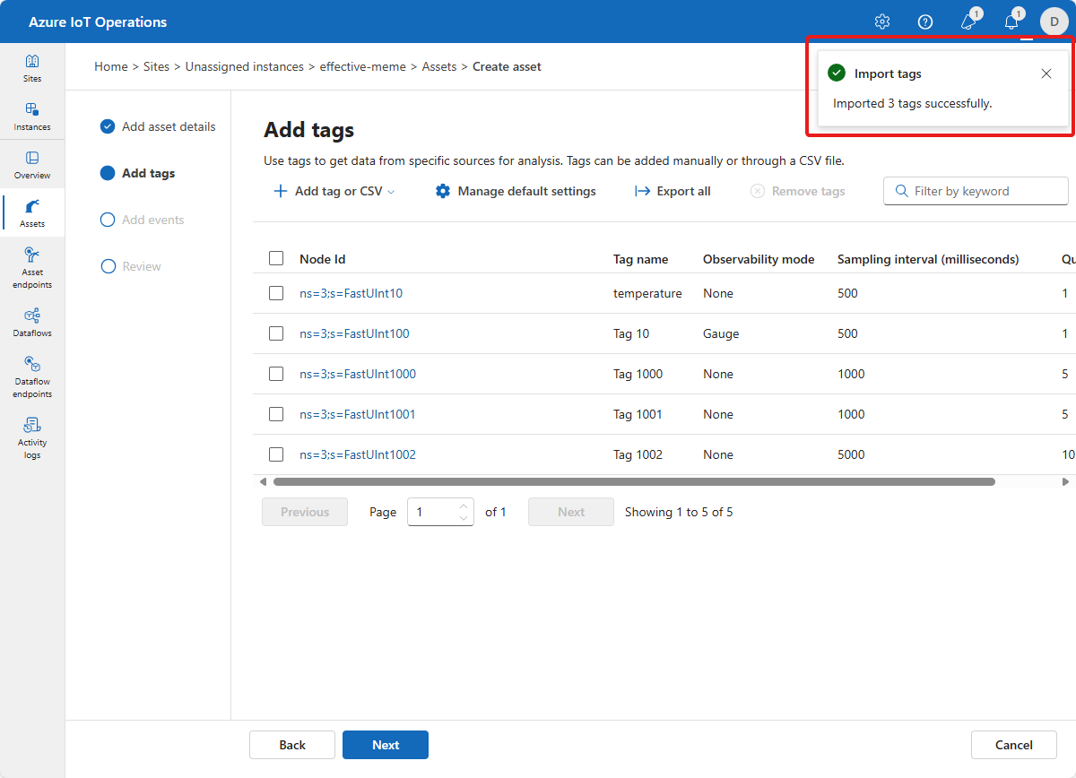 A screenshot that shows the completed import from the Excel file in the operations experience.