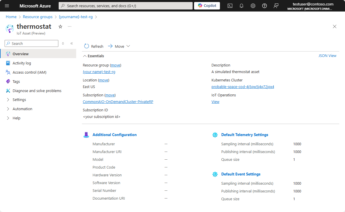 A screenshot that shows the thermostat asset in the Azure portal.