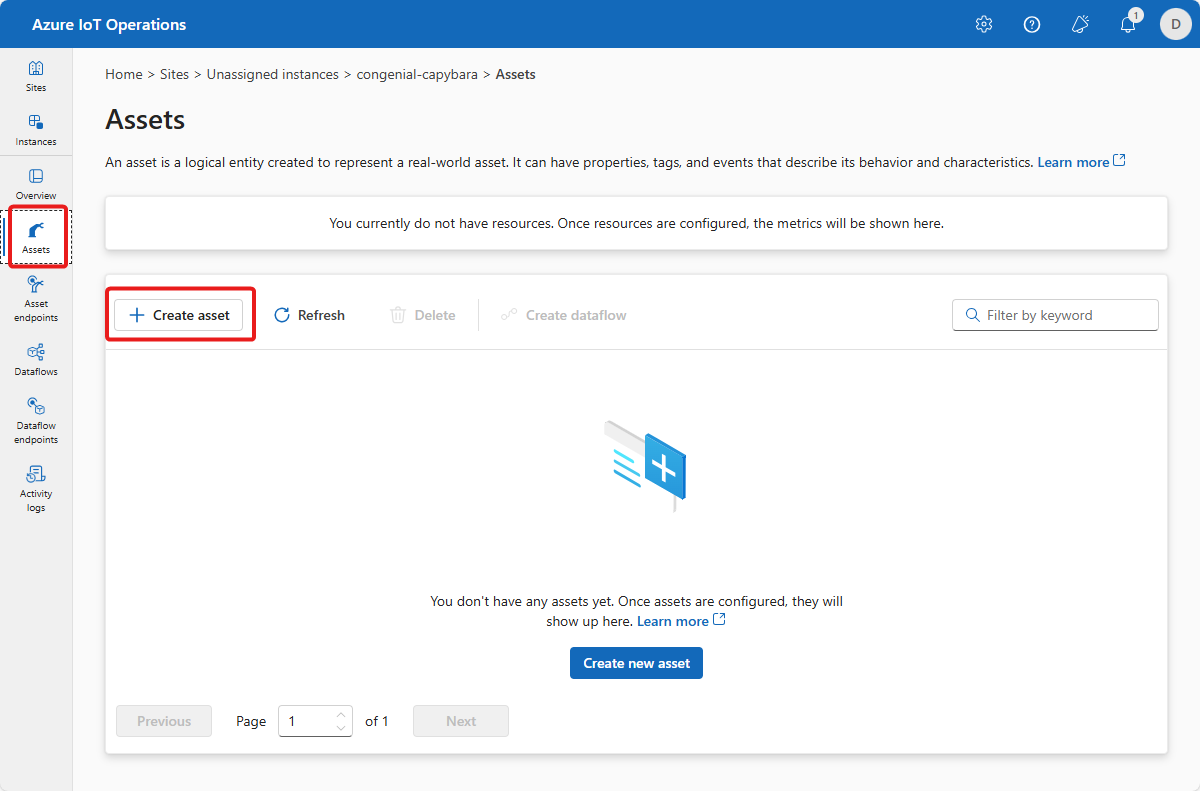 Screenshot of Azure IoT Operations empty asset list.