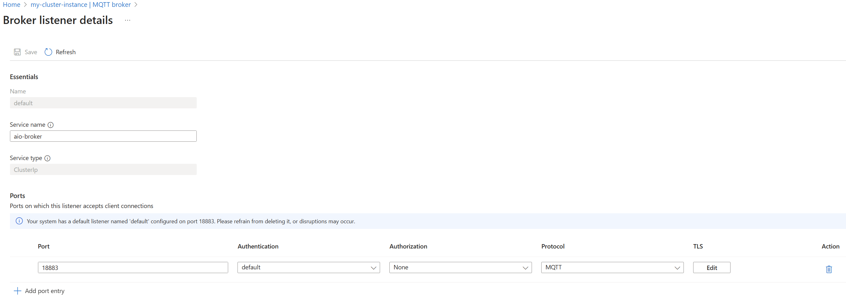 Screenshot using Azure portal to view or edit the default broker listener.