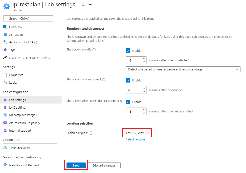 Screenshot that shows the Lab settings page with the newly selected regions highlighted.